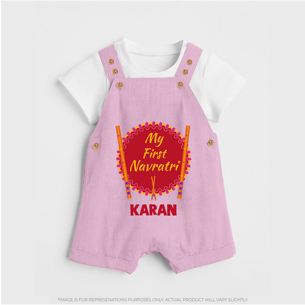 My First Navratri Dandiya Badge Personalized Dungaree  - BABY PINK - 0 - 5 Months Old (Chest 18")