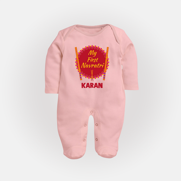 My First Navratri Dandiya Badge Personalized Full Body Suit - BABY PINK - New Born (Chest 7.5")