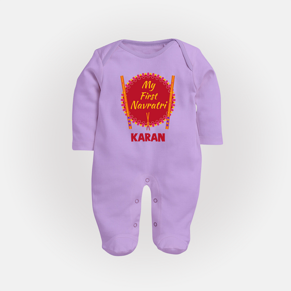 My First Navratri Dandiya Badge Personalized Full Body Suit - LILAC - New Born (Chest 7.5")