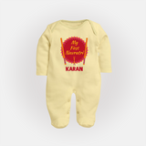 My First Navratri Dandiya Badge Personalized Full Body Suit - PASTEL YELLOW - New Born (Chest 7.5")