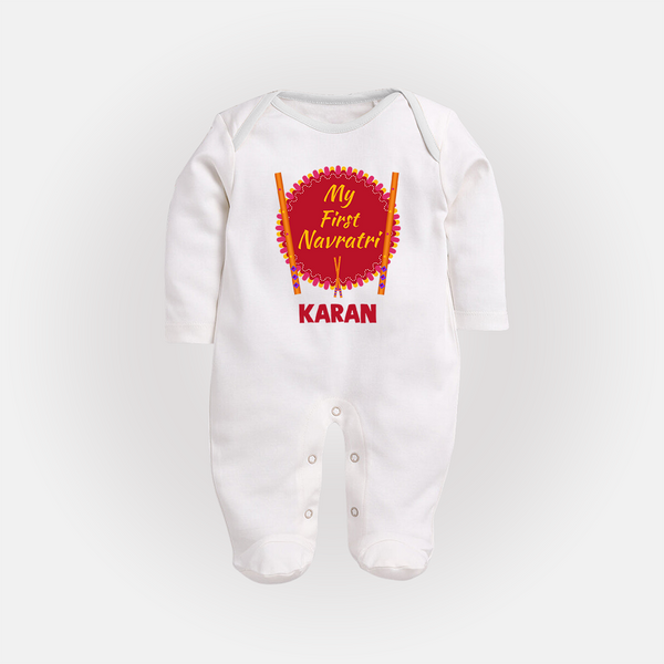 My First Navratri Dandiya Badge Personalized Full Body Suit - WHITE - New Born (Chest 7.5")
