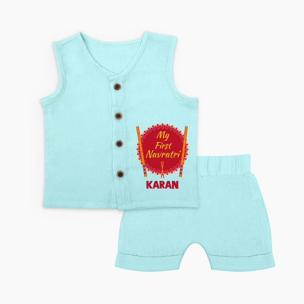 My First Navratri Dandiya Badge Personalized Jabla Set - BABY BLUE - 0 - 3 Months Old (Chest 9.8")