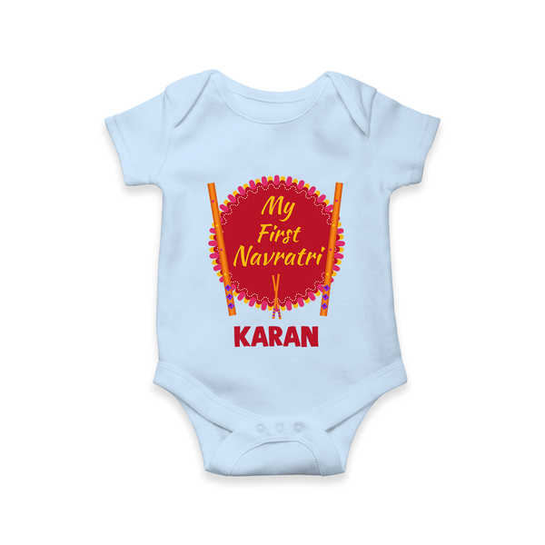 My First Navratri Dandiya Badge Personalized Romper - BABY BLUE - New Born (Chest 14")