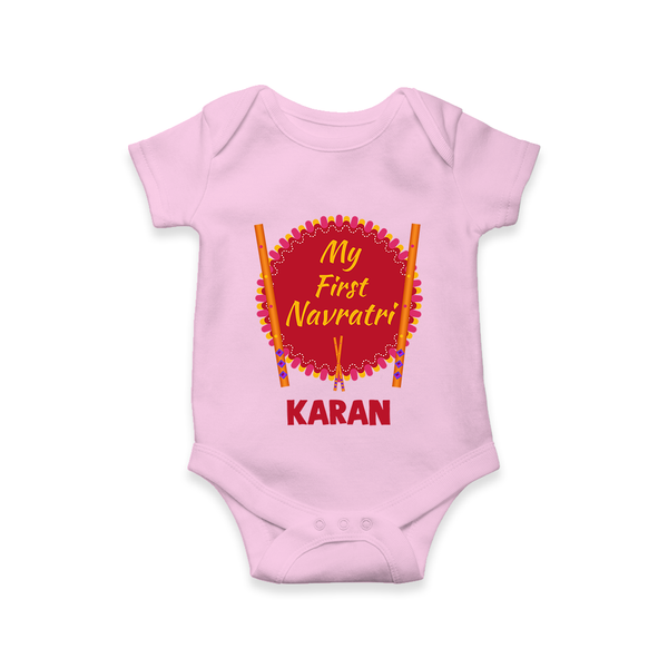 My First Navratri Dandiya Badge Personalized Romper - BABY PINK - New Born (Chest 14")