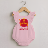 My First Navratri Dandiya Badge Personalized Romper Frock - BABY PINK - 0 - 3 Months Old (Chest 19")