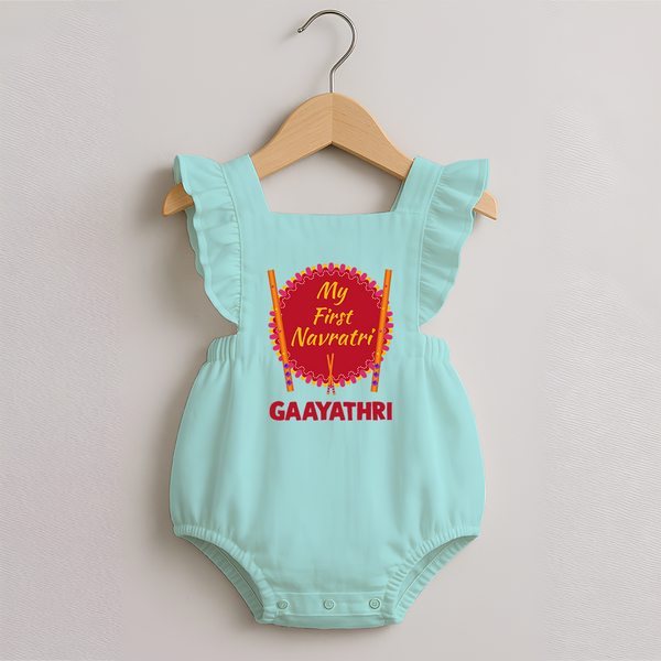 My First Navratri Dandiya Badge Personalized Romper Frock - MINT GREEN - 0 - 3 Months Old (Chest 19")