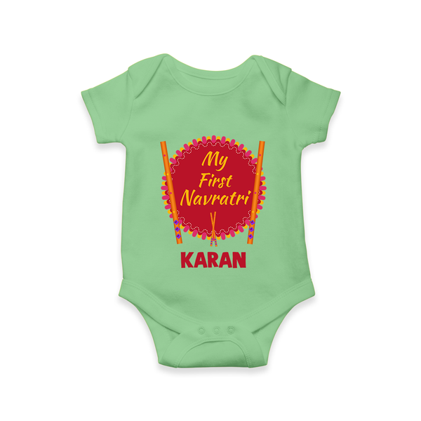My First Navratri Dandiya Badge Personalized Romper - GREEN - New Born (Chest 14")