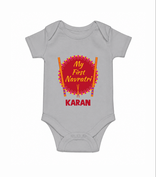 My First Navratri Dandiya Badge Personalized Romper - GREY - New Born (Chest 14")