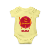 My First Navratri Dandiya Badge Personalized Romper - PASTEL YELLOW - New Born (Chest 14")