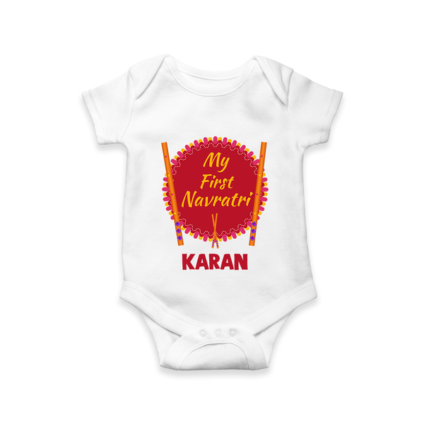 My First Navratri Dandiya Badge Personalized Romper - WHITE - New Born (Chest 14")