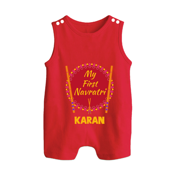 My First Navratri Dandiya Badge Personalized Button Romper - RED - New Born (Chest 18")