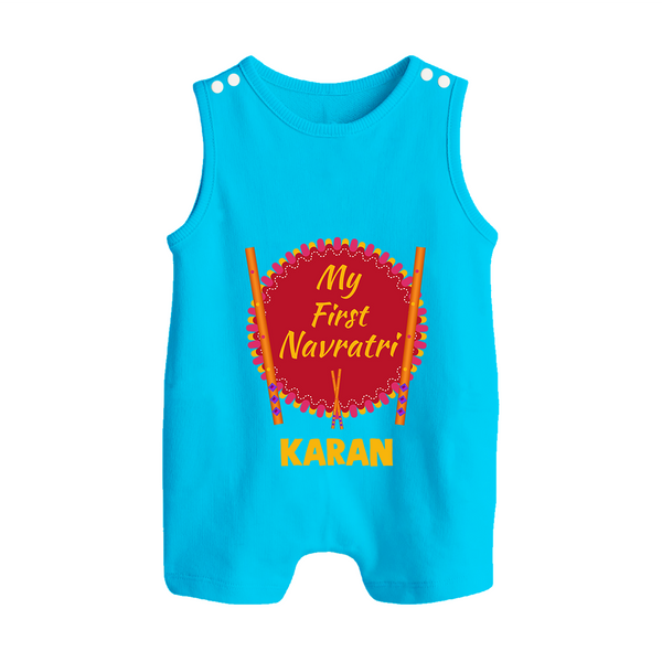 My First Navratri Dandiya Badge Personalized Button Romper - SKY BLUE - New Born (Chest 18")