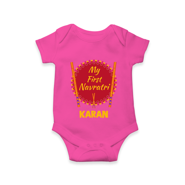 My First Navratri Dandiya Badge Personalized Romper - HOT PINK - New Born (Chest 14")
