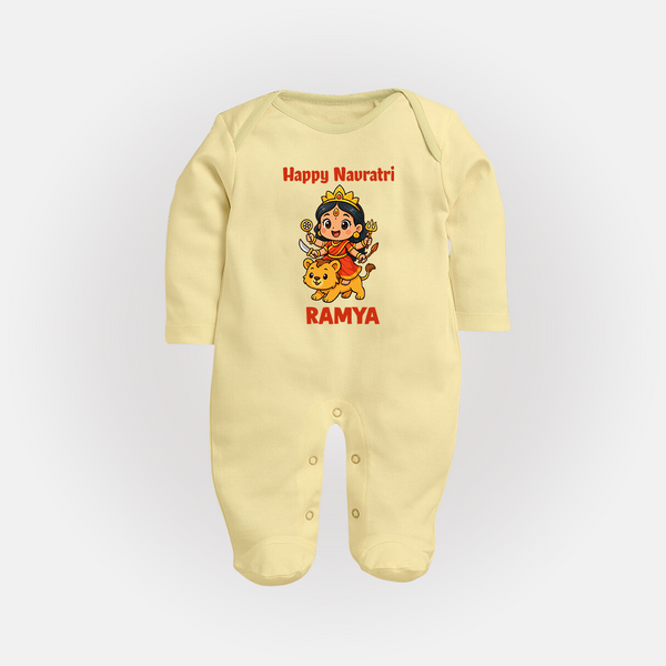 Happy Navratri Goddess Personalized Full Body Suit - PASTEL YELLOW - New Born (Chest 7.5")