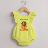 Happy Navratri Goddess Personalized Romper Frock - PASTEL YELLOW - 0 - 3 Months Old (Chest 19")