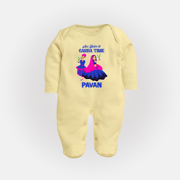 See You in Garba Time Personalized Full Body Suit - PASTEL YELLOW - New Born (Chest 7.5")