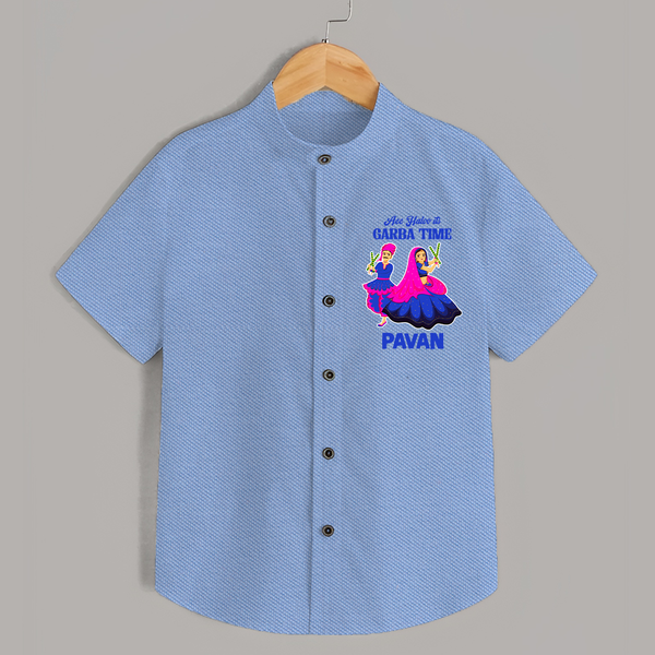 Ae Halo Garba Time Couple Dance Print Personalized Kids Shirt - SKY BLUE - 0 - 6 Months Old (Chest 23")