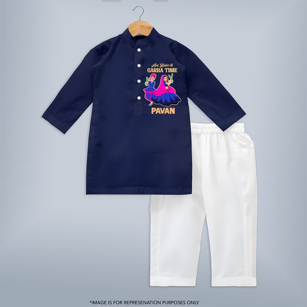 Ae Halo Garba Time Couple Dance Print Personalized Kids Kurta - NAVY BLUE - 3 - 6 Months Old (Chest 24", Kurta Length 14'', Waist 19", Pant Length 14")