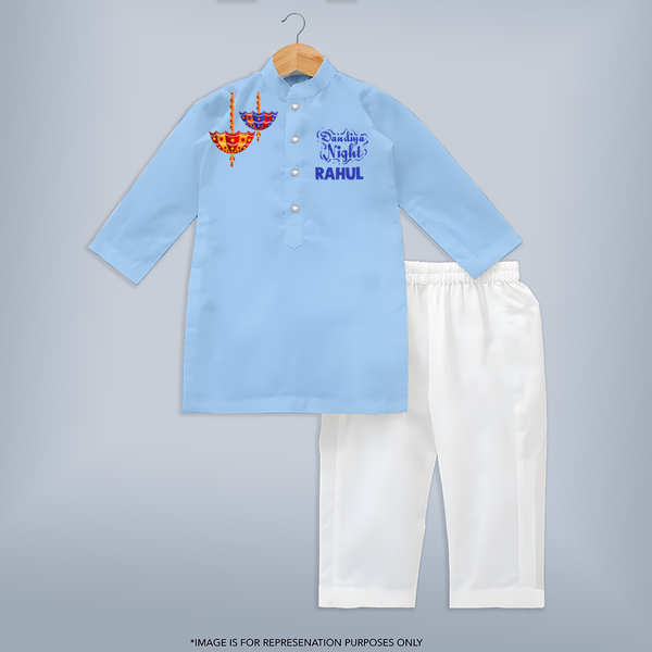 Dandiya Night Diya Illustration Personalized Kids Kurta - BABY BLUE - 3 - 6 Months Old (Chest 24", Kurta Length 14'', Waist 19", Pant Length 14")