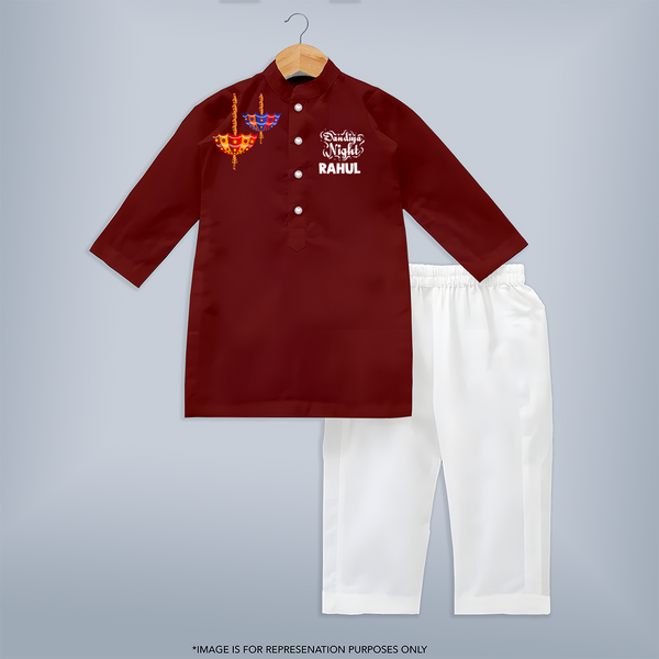 Dandiya Night Diya Illustration Personalized Kids Kurta - MAROON - 3 - 6 Months Old (Chest 24", Kurta Length 14'', Waist 19", Pant Length 14")