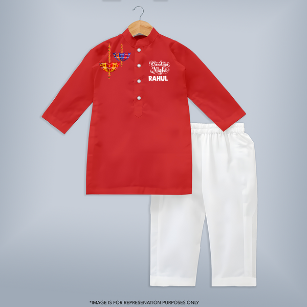 Dandiya Night Diya Illustration Personalized Kids Kurta - RED - 3 - 6 Months Old (Chest 24", Kurta Length 14'', Waist 19", Pant Length 14")