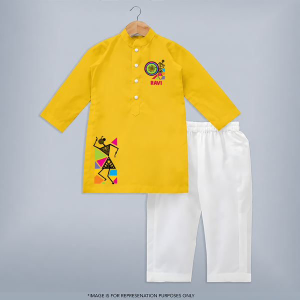 Traditional Garba Dance Couple Print Personalized Kids Kurta - CHROME YELLOW - 3 - 6 Months Old (Chest 24", Kurta Length 14'', Waist 19", Pant Length 14")