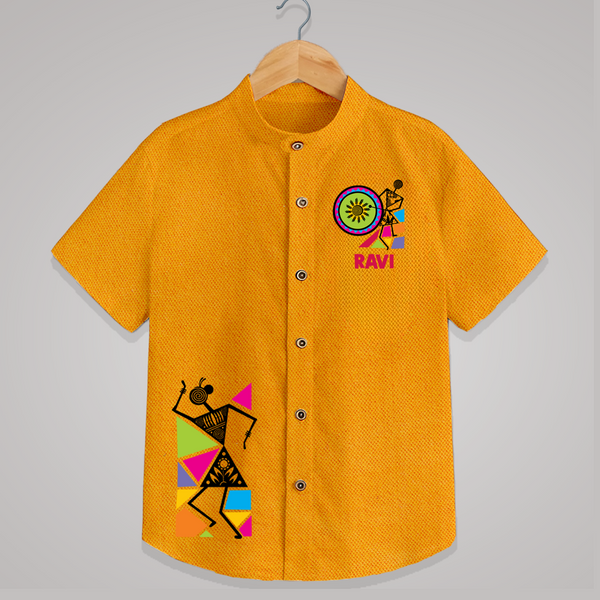 Traditional Garba Dance Couple Print Personalized Kids Shirt - CHROME YELLOW - 0 - 6 Months Old (Chest 23")