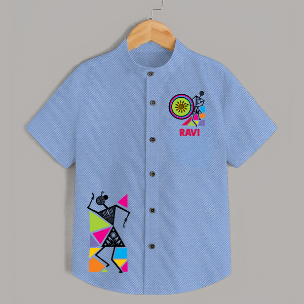 Traditional Garba Dance Couple Print Personalized Kids Shirt - SKY BLUE - 0 - 6 Months Old (Chest 23")