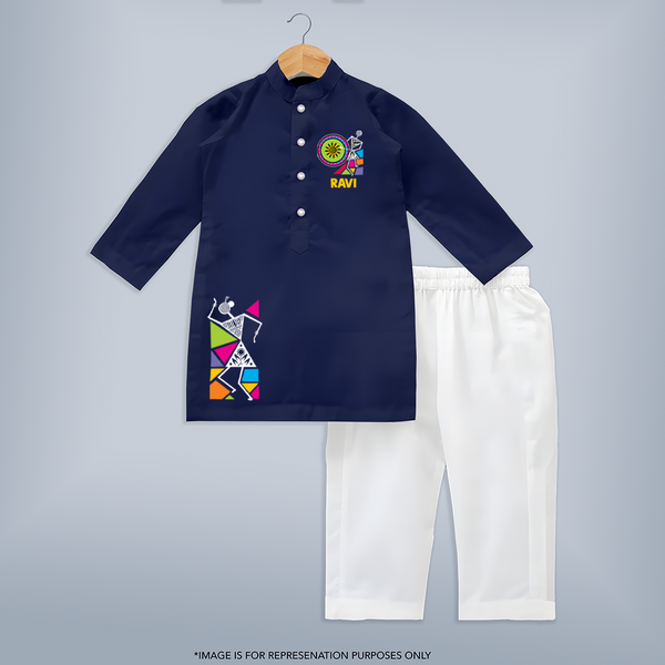 Traditional Garba Dance Couple Print Personalized Kids Kurta - NAVY BLUE - 3 - 6 Months Old (Chest 24", Kurta Length 14'', Waist 19", Pant Length 14")