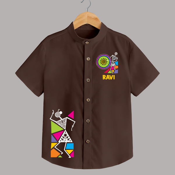 Traditional Garba Dance Couple Print Personalized Kids Shirt - CHOCOLATE BROWN - 0 - 6 Months Old (Chest 23")