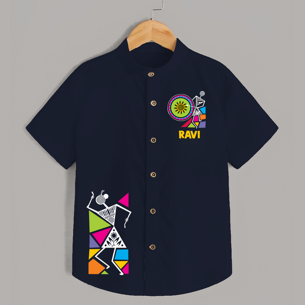 Traditional Garba Dance Couple Print Personalized Kids Shirt - NAVY BLUE - 0 - 6 Months Old (Chest 23")