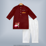 Garba Night Celebration Dance Print Personalized Kids Kurta - MAROON - 3 - 6 Months Old (Chest 24", Kurta Length 14'', Waist 19", Pant Length 14")