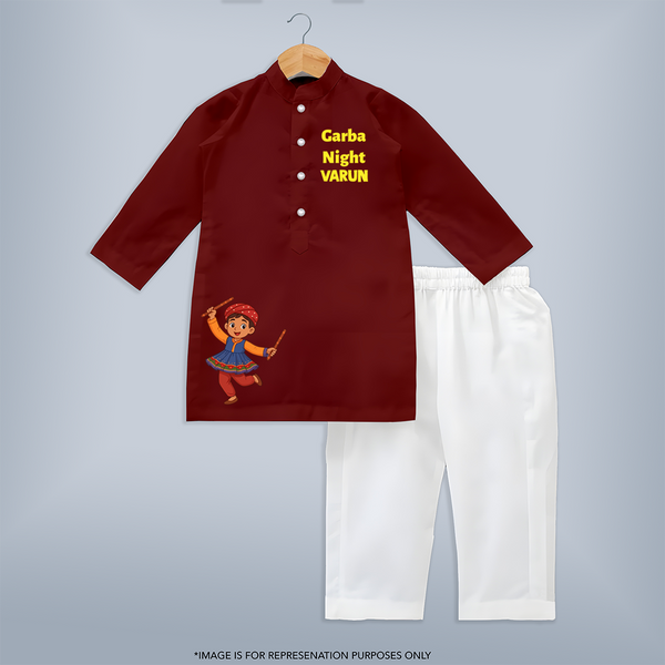 Garba Night Dandiya Boy Cartoon Print Personalized Kids Kurta - MAROON - 3 - 6 Months Old (Chest 24", Kurta Length 14'', Waist 19", Pant Length 14")