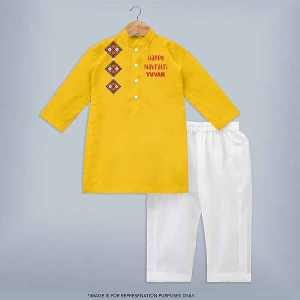 Happy Navratri Diamond Motif Personalized Kids Kurta - CHROME YELLOW - 3 - 6 Months Old (Chest 24", Kurta Length 14'', Waist 19", Pant Length 14")