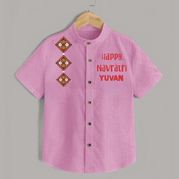 Happy Navratri Diamond Motif Personalized Kids Shirt - BABY PINK - 0 - 6 Months Old (Chest 23")