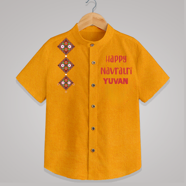 Happy Navratri Diamond Motif Personalized Kids Shirt - CHROME YELLOW - 0 - 6 Months Old (Chest 23")