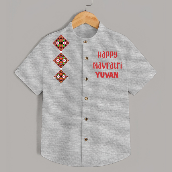 Happy Navratri Diamond Motif Personalized Kids Shirt - GREY - 0 - 6 Months Old (Chest 23")