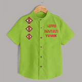 Happy Navratri Diamond Motif Personalized Kids Shirt - LIME GREEN - 0 - 6 Months Old (Chest 23")
