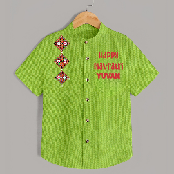 Happy Navratri Diamond Motif Personalized Kids Shirt - LIME GREEN - 0 - 6 Months Old (Chest 23")