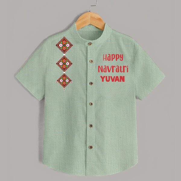 Happy Navratri Diamond Motif Personalized Kids Shirt - MINT GREEN - 0 - 6 Months Old (Chest 23")