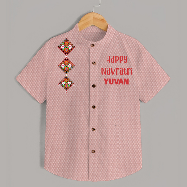 Happy Navratri Diamond Motif Personalized Kids Shirt - PEACH - 0 - 6 Months Old (Chest 23")