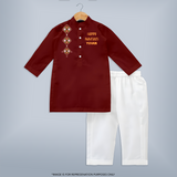 Happy Navratri Diamond Motif Personalized Kids Kurta - MAROON - 3 - 6 Months Old (Chest 24", Kurta Length 14'', Waist 19", Pant Length 14")