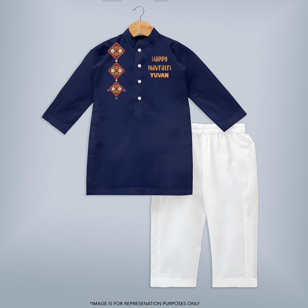 Happy Navratri Diamond Motif Personalized Kids Kurta - NAVY BLUE - 3 - 6 Months Old (Chest 24", Kurta Length 14'', Waist 19", Pant Length 14")