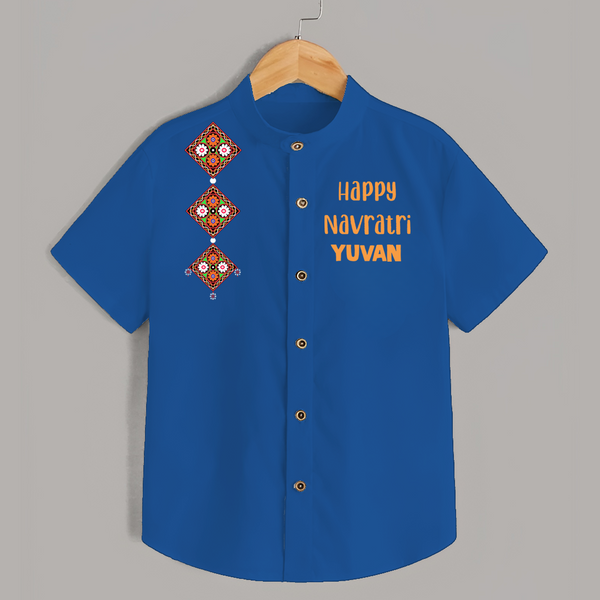 Happy Navratri Diamond Motif Personalized Kids Shirt - COBALT BLUE - 0 - 6 Months Old (Chest 23")