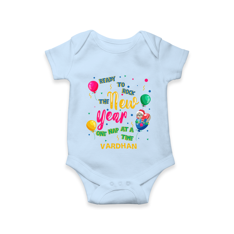 "Happy New Year 2025 - Memorable Moments With Our Customized Romper for Babies With Name" - BABY BLUE - 0 - 3 Months Old (Chest 16")