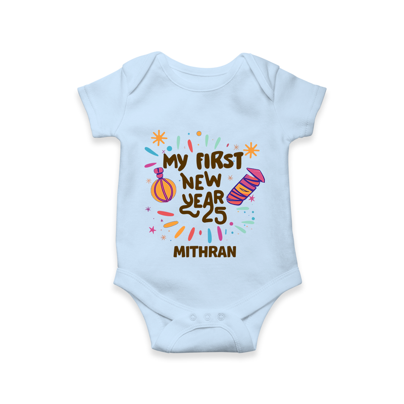 "My First New Year 2025 - Joyful Keepsake With Our Customized Romper for Babies With Name" - BABY BLUE - 0 - 3 Months Old (Chest 16")