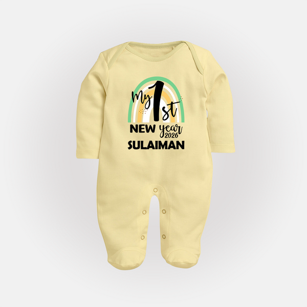 My 1st New Year 2026 – Rainbow Theme| Customized Fullbody Suit   - PASTEL YELLOW - New Born (Chest 7.5")