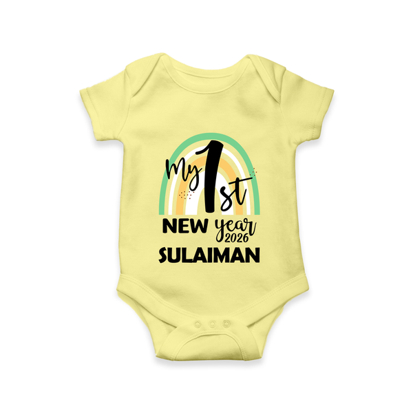 My 1st New Year 2026 – Rainbow Theme| Customized Romper for Kids - PASTEL YELLOW - New Born (Chest 14")