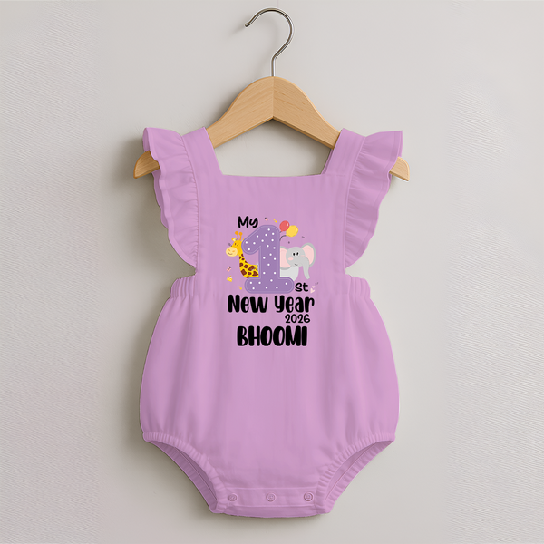 My 1st New Year 2026 – Animal Theme | Personalised Romper Frock for Girls - BABY PINK - 0 - 3 Months Old (Chest 19")