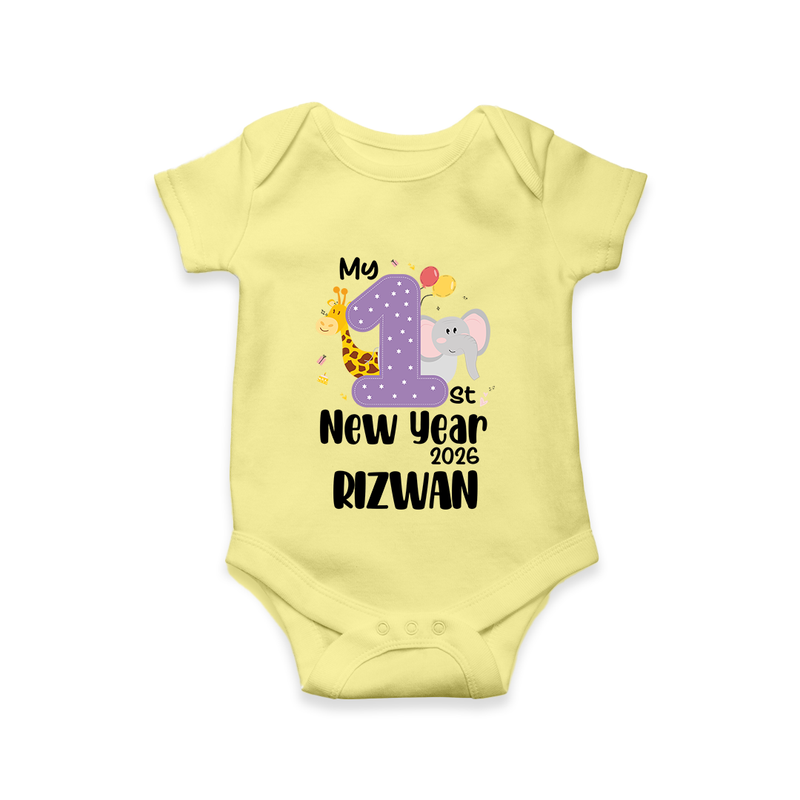 My 1st New Year 2026 – Animal Theme | Personalised Romper for Kids - PASTEL YELLOW - New Born (Chest 14")